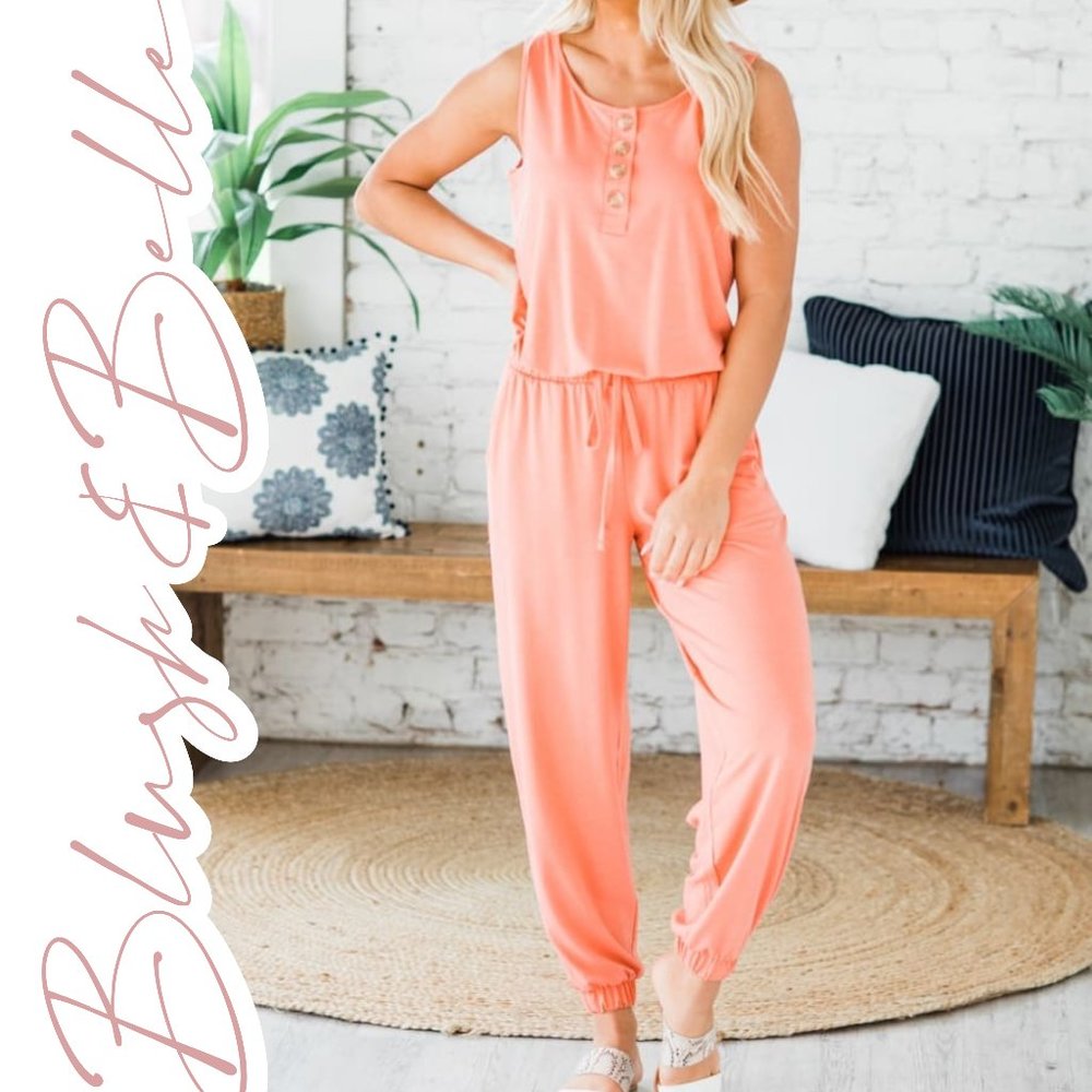 Sleeveless Jogger Jumpsuit w/ Pockets DEEP CORAL